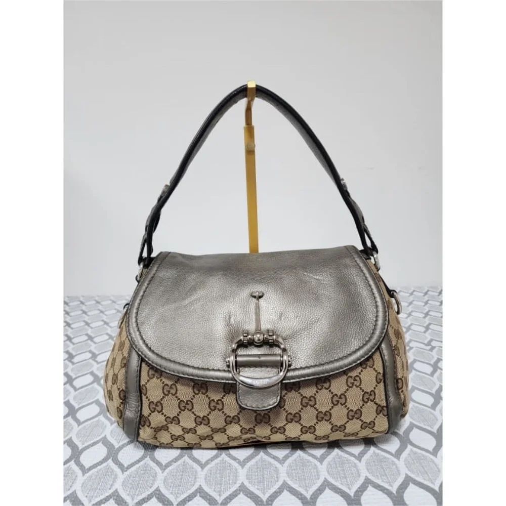 Authentic Gucci Medium GG Canvas Techno Horsebit Flap Hobo Bag Grey/Beige